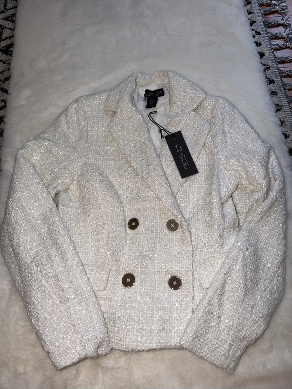 Rachel Zoe Cream Bouclé Double-Breasted Blazer Jacket